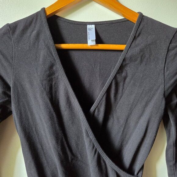 EUC AMERICAN APPAREL BLACK DEEP SURPLICE V NECK LONGSLEEVES BODYSUIT SZ M - Picture 8 of 13